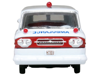 1962 Chevrolet Corvair Greenbrier AmbleWagon Ambulance White with Red Stripes 1/87 (HO) Scale Diecast Model Car by Oxford Diecast
