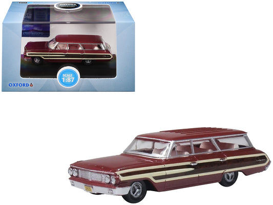 1964 Ford Country Station Wagon Squire Vintage Burgundy with Woodgrain Sides and White Interior 1/87 (HO) Scale T&y Diecast Model Car by Oxford T&y Diecast