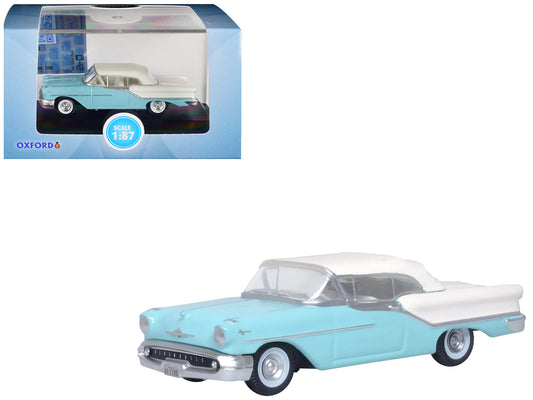 1957 Oldsmobile 88 Convertible (Top-Up) Banff Blue and Alcan White with White 1/87 (HO) Scale T&y Diecast Model Car by Oxford T&y Diecast