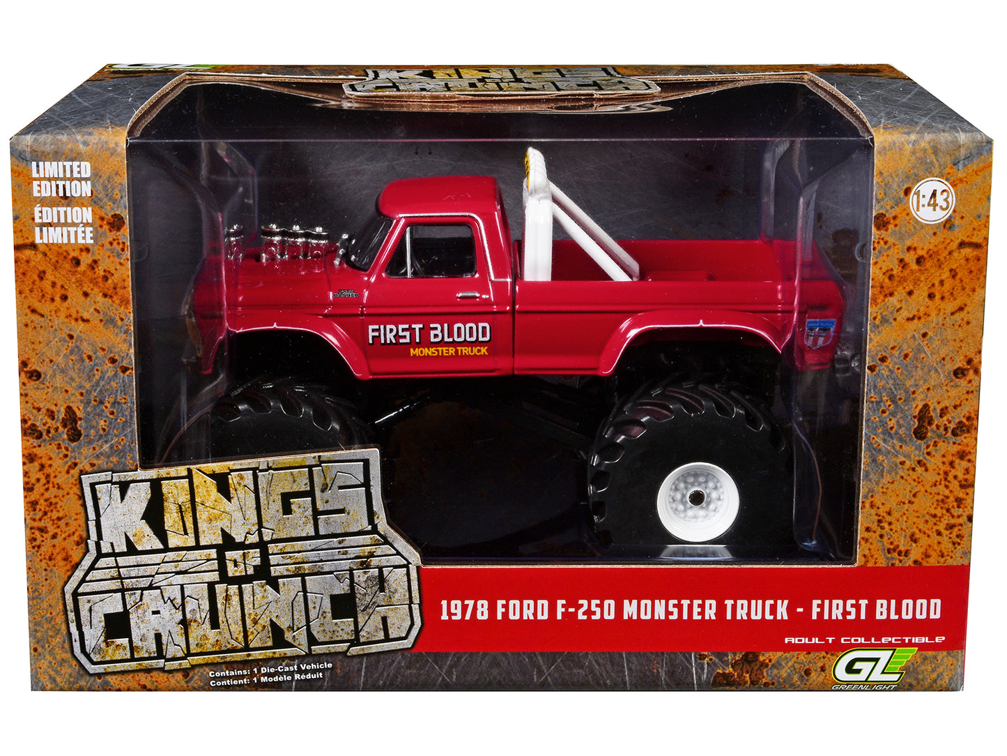 GreenLight 1978 Ford F-250 Monster Truck with 66-Inch Tires "First Blood" Red "Kings of Crunch" Series 1/43 Diecast Model Car by <h2>1978 Greenlight</h2> <p>High-quality perfect for collectors and ent
