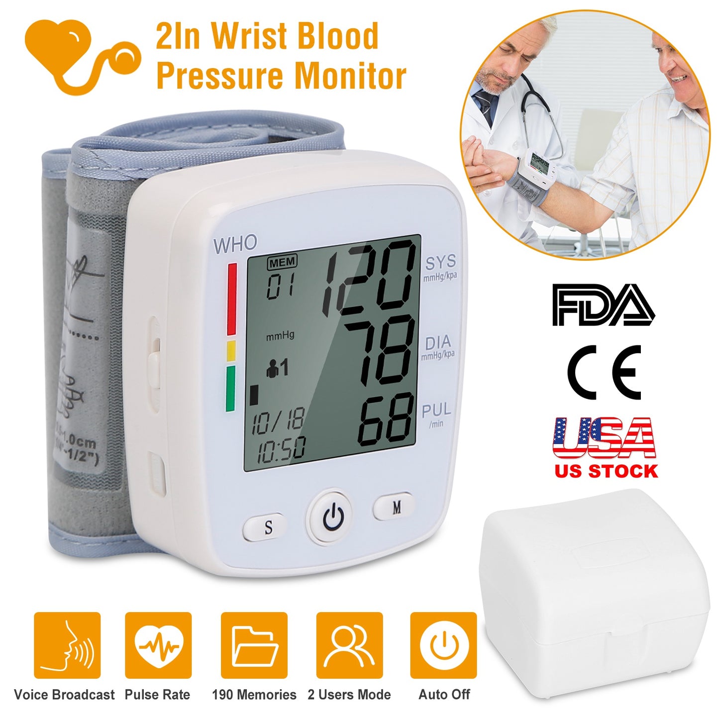 Blood Pressure Monitor Wrist Digital High Cuff Heartbeat Tester W/ 90X2 Reading