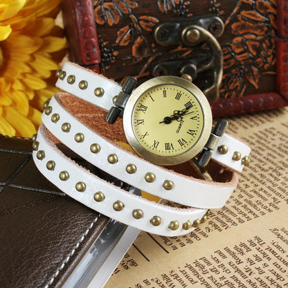 Fashionable Rivet Leather Belt Retro Watch Hand Chain-White C