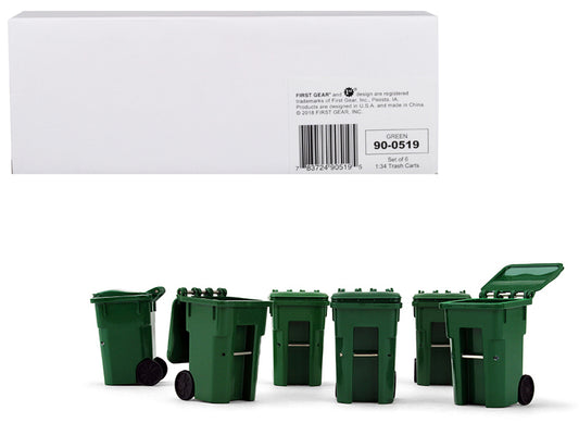 Set of 6 Green Garbage Trash Bin Containers Replica 1/34 Models by First Gear T&y