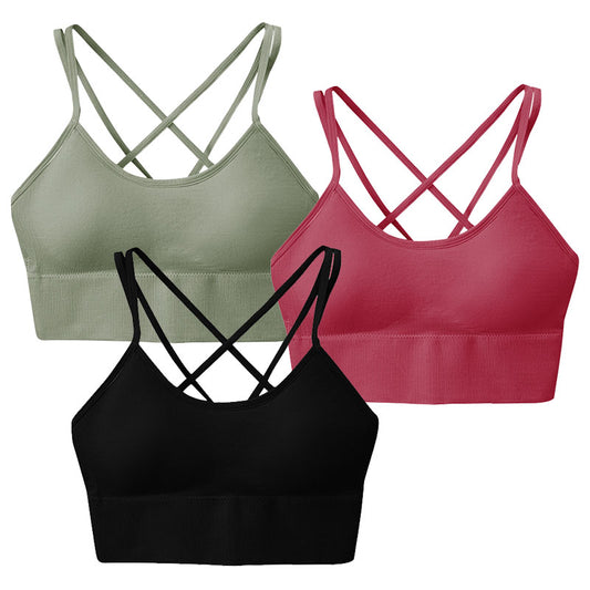 3Packs Women Cross Back Sport Bras Padded Strappy Medium Support Sexy Fitness T