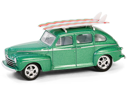 GreenLight 1946 Ford Fordor Super Deluxe Green Metallic with White Interior and Roof Rack Surfboards "The Hobby Shop" Series 16 1/64 Diecast Model Car by <h2>1946 Greenlight</h2> <p>High-quality perfe
