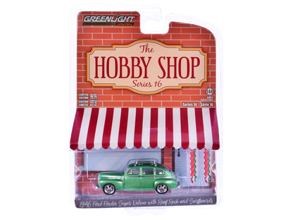 GreenLight 1946 Ford Fordor Super Deluxe Green Metallic with White Interior and Roof Rack Surfboards "The Hobby Shop" Series 16 1/64 Diecast Model Car by <h2>1946 Greenlight</h2> <p>High-quality perfe