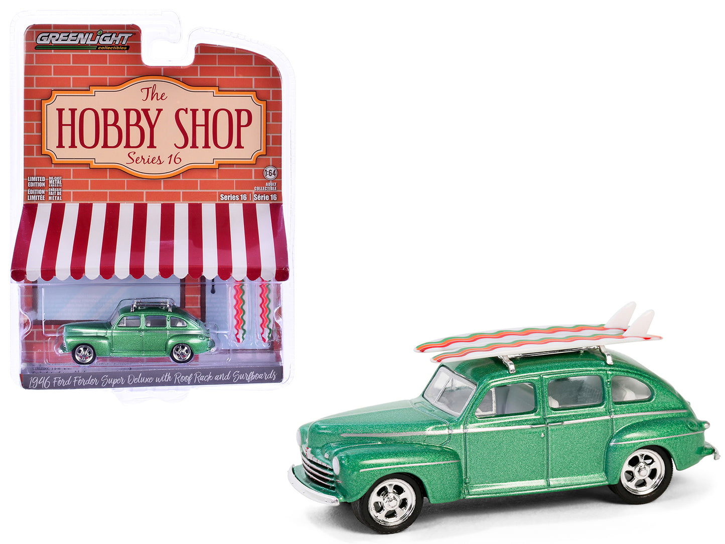 GreenLight 1946 Ford Fordor Super Deluxe Green Metallic with White Interior and Roof Rack Surfboards "The Hobby Shop" Series 16 1/64 Diecast Model Car by <h2>1946 Greenlight</h2> <p>High-quality perfe