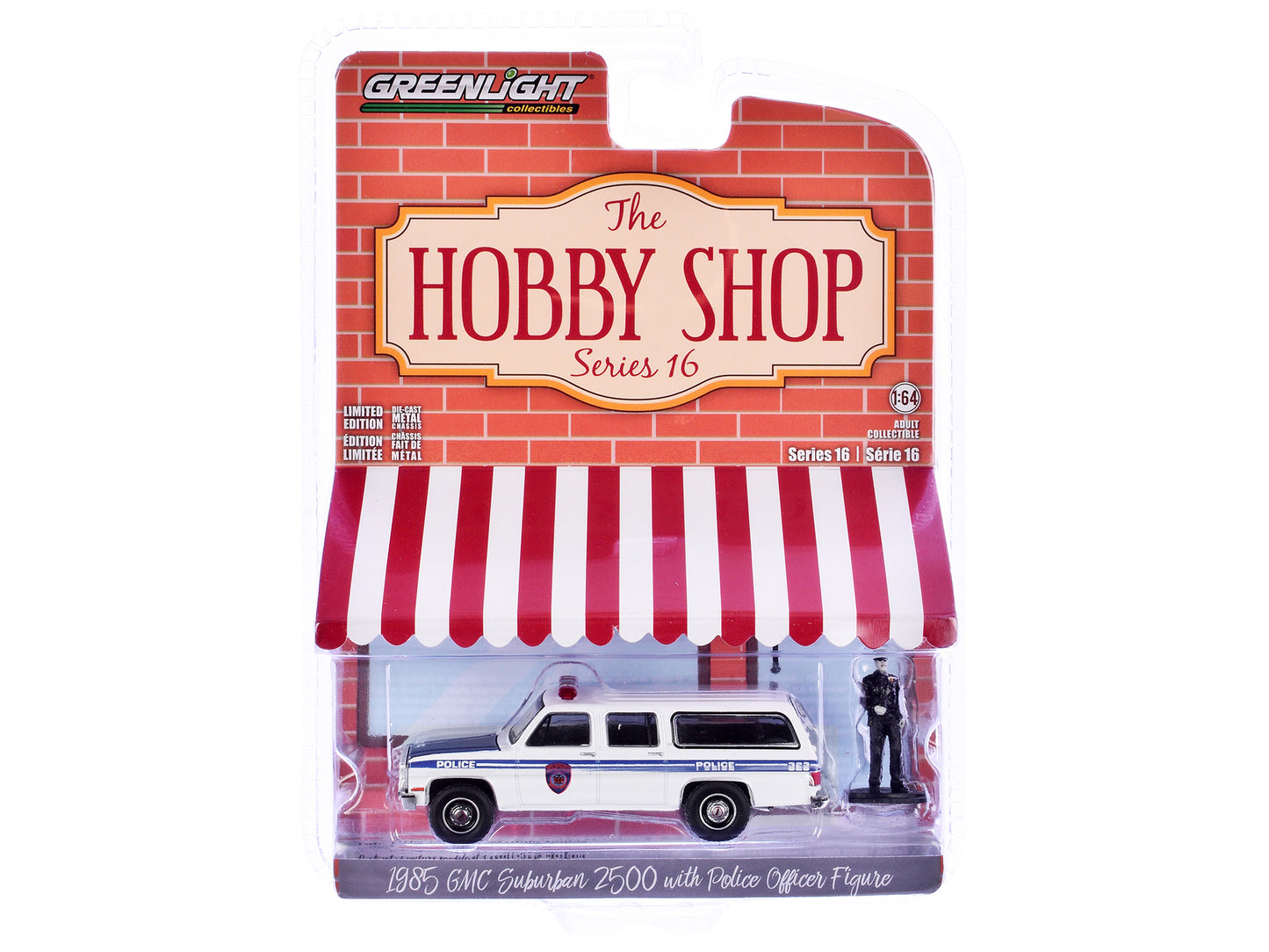 GreenLight 1985 GMC Suburban 2500 "New York City Transit Police Department" White with Blue Stripes and Officer Figure "The Hobby Shop" Series 16 1/64 Diecast Model Car by <h2>1985 Greenlight</h2> <p>