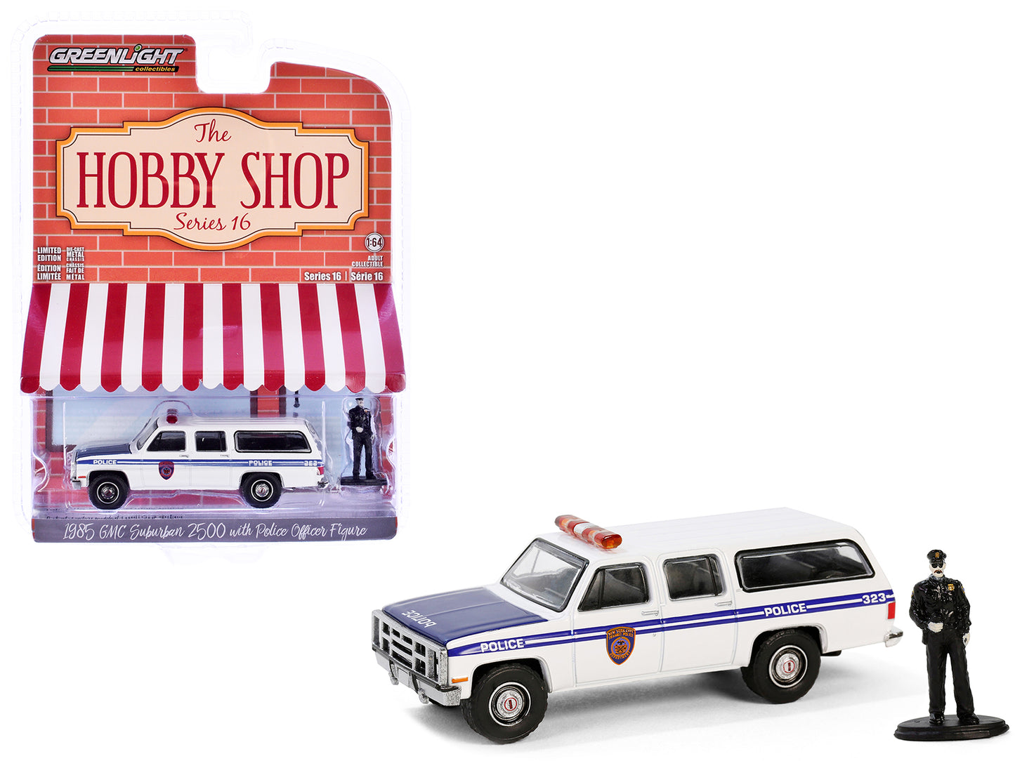 GreenLight 1985 GMC Suburban 2500 "New York City Transit Police Department" White with Blue Stripes and Officer Figure "The Hobby Shop" Series 16 1/64 Diecast Model Car by <h2>1985 Greenlight</h2> <p>