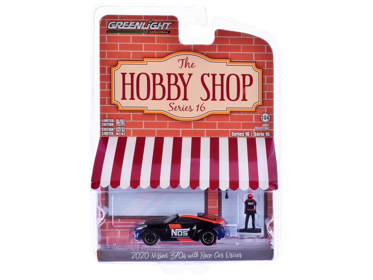 GreenLight 2020 Nissan 370z "NOS Nitrous Oxide Systems" Black with Graphics and Race Car Driver "The Hobby Shop" Series 16 1/64 Diecast Model by <h2>2020 Greenlight</h2> <p>High-quality perfect for co