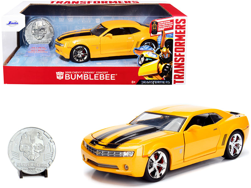 2006 Chevrolet Camaro Concept Yellow Bumblebee with Robot on Chassis and Collectible Metal Coin "Transformers" Movie 1/24 Diecast Model Car by Jada <h2>2006 Jada</h2> <p>High-quality perfect for colle