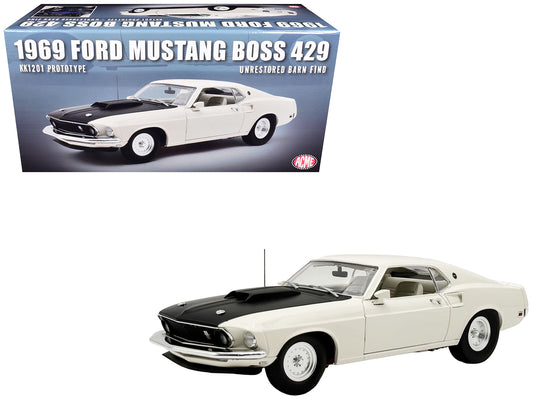 1969 Ford Mustang BOSS 429 "KK1201 Prototype - Unrestored Barn Find" White with Black Hood Limited Edition to 360 pieces Worldwide 1/18 T&y Diecast Model Car by ACME