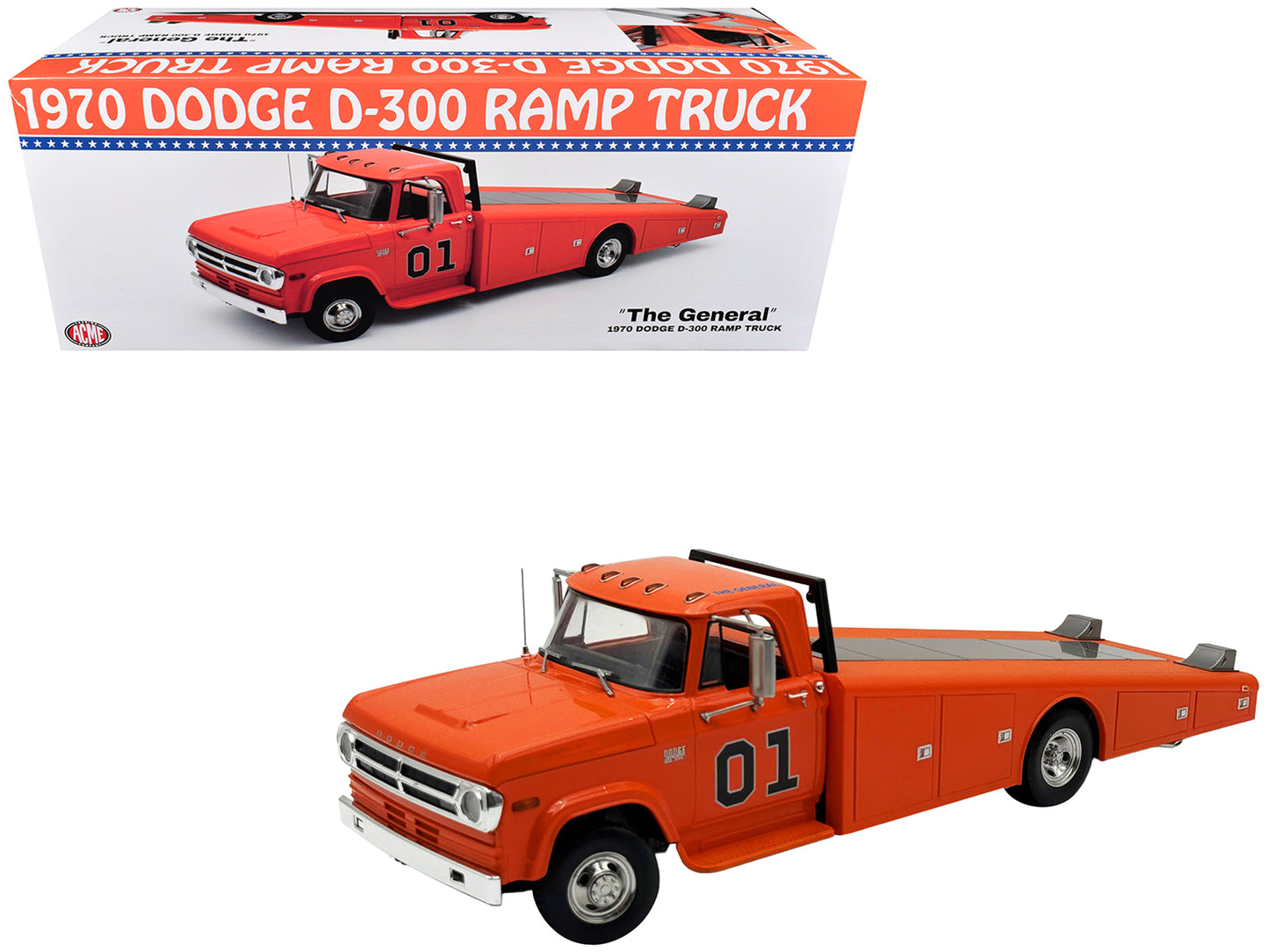 1970 Dodge D-300 Ramp Truck #01 "The General" Orange Limited Edition to 852 pieces Worldwide 1/18 T&y Diecast Model Car by ACME