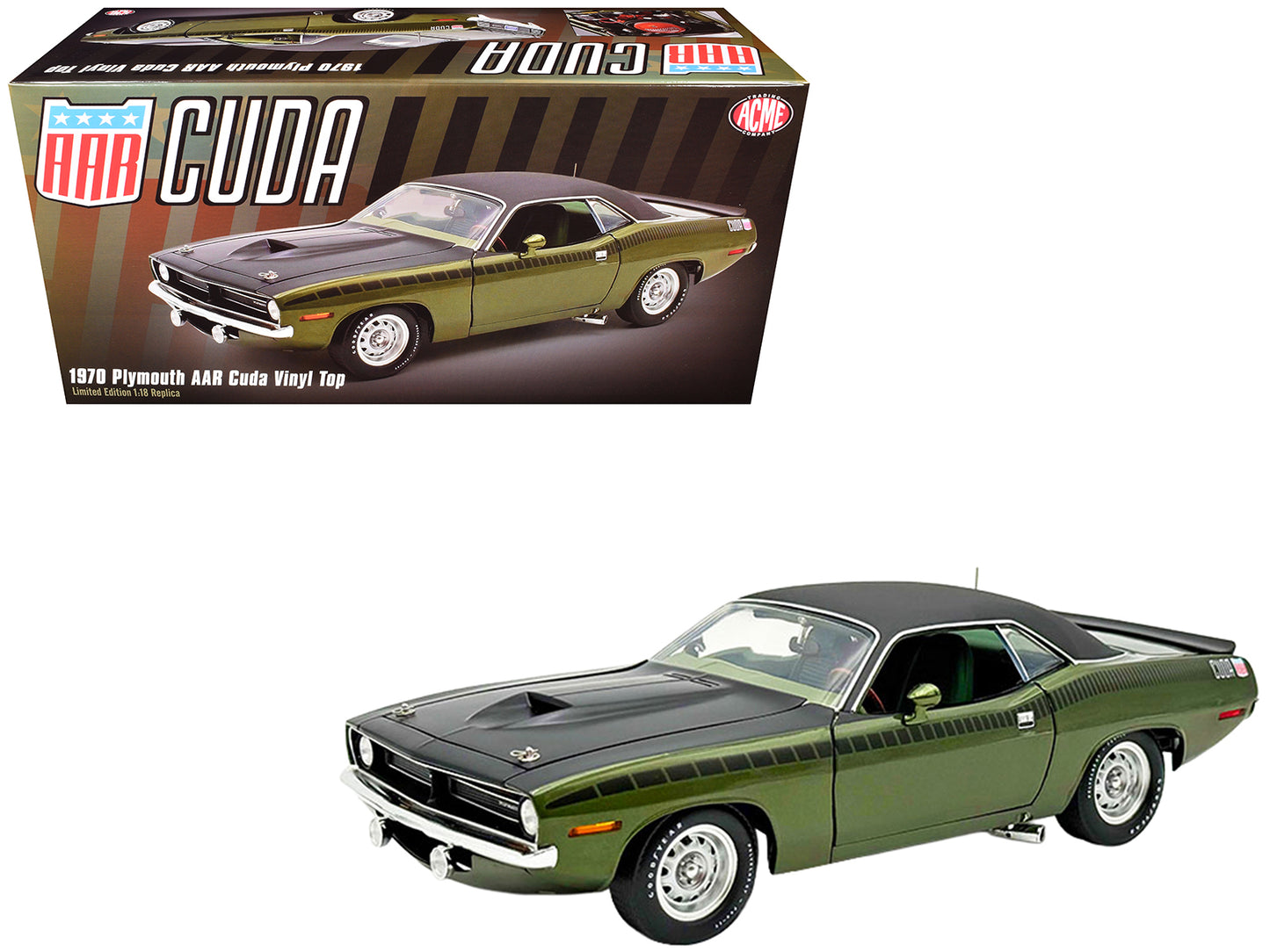 1970 Plymouth AAR Cuda Ivy Green Metallic with Black Stripes and Black Vinyl Top with Green Interior Limited Edition to 448 pieces Worldwide 1/18 T&y Diecast Model Car by ACME