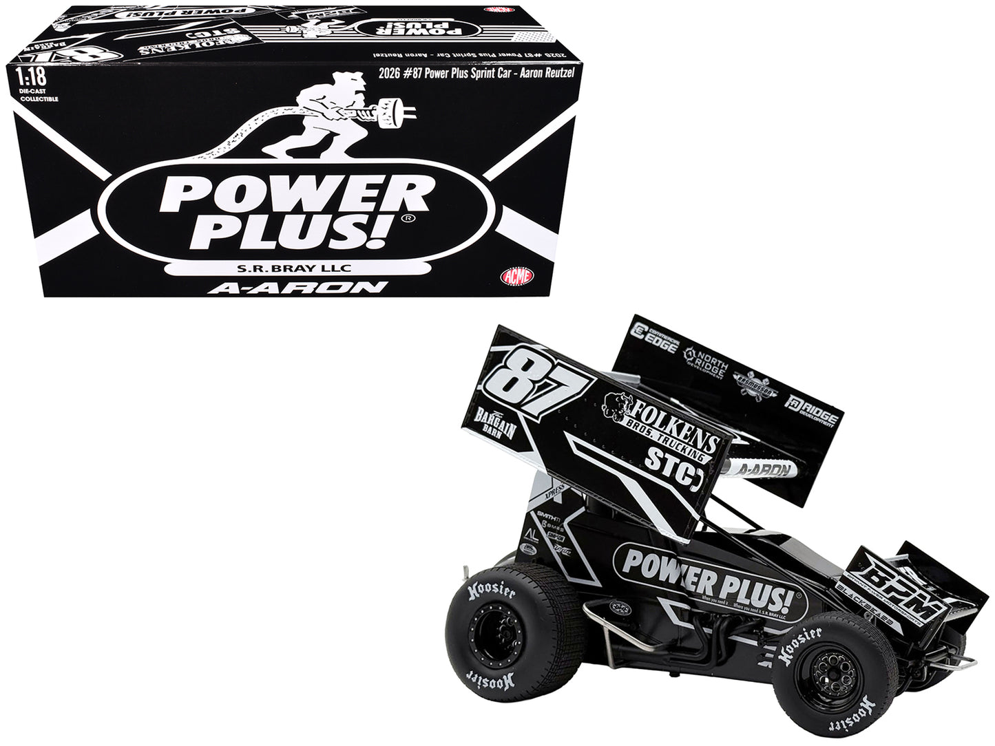 Winged Sprint Car #87 Aaron Reutzel "Power Plus" Black (2026) 1/18 T&y Diecast Model Car by ACME