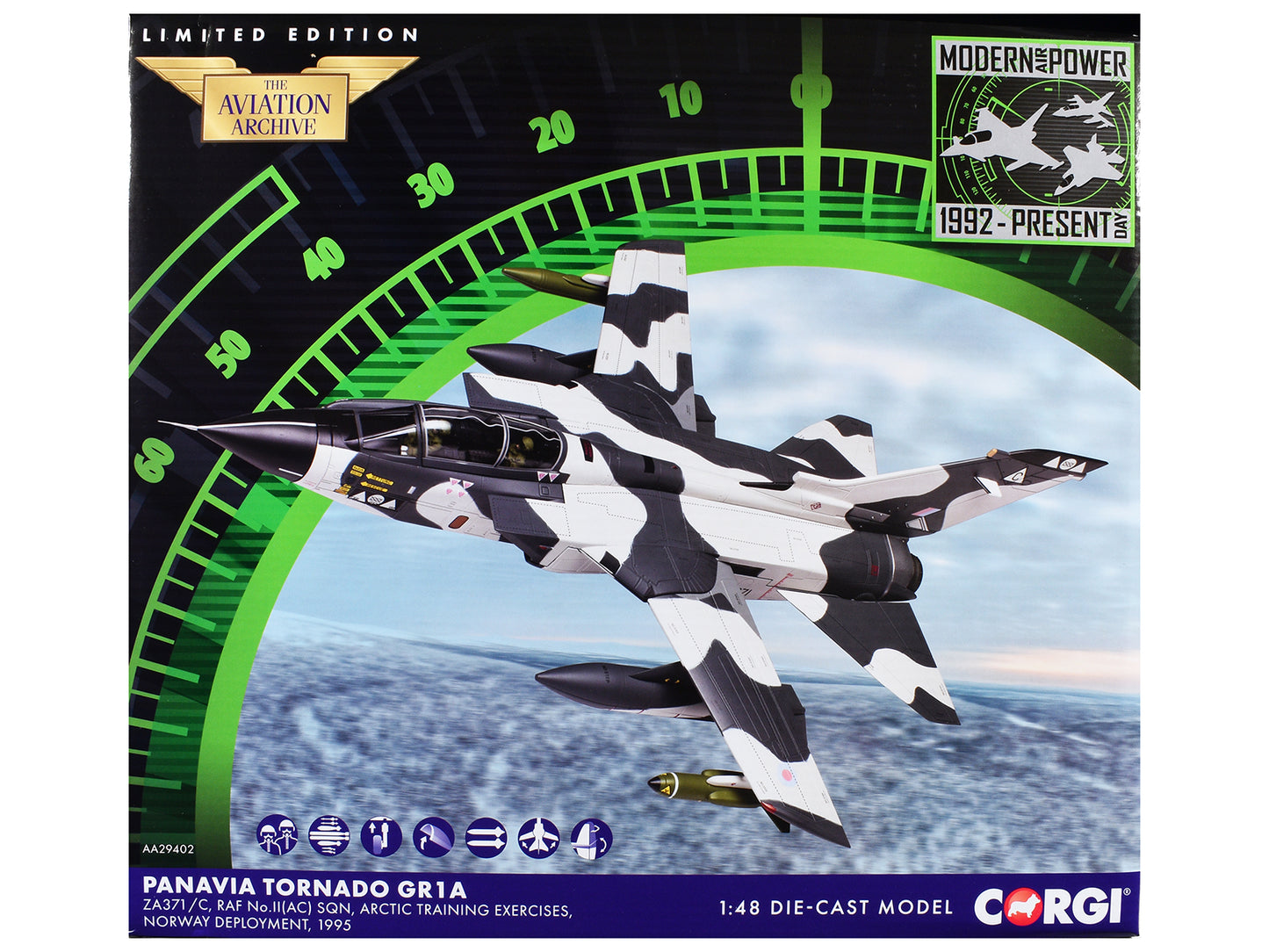 Panavia Tornado GR1A Aircraft "ZA371/C No.II(AC) Sqn. Arctic Training Exercises Norway" (1995) British Royal Air Force "The Aviation Archive" 1/48 T&y Diecast Model Car by Corgi