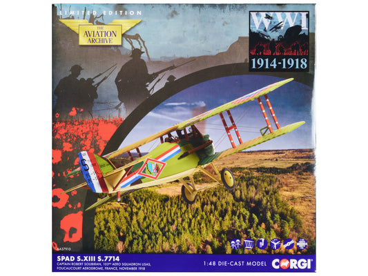 SPAD S.XIII Aircraft "Captain Robert Soubiran 103rd Aero Squadron USAS Foucaucourt Aerodrome France" (1918) United States Army Air Service "The Aviation Archive" Series 1/48 T&y Diecast Model by Corgi