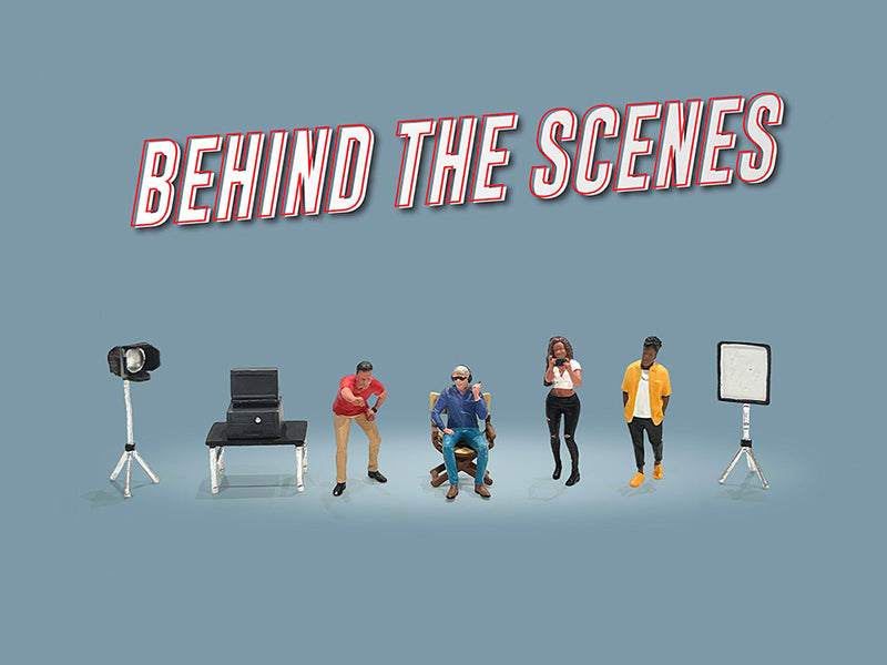 "Behind The Scenes" 7 piece (4 People 3 Accessories) Diecast Figures Set 1/64 Scale Models by American Diorama <h2>"Behind Diorama</h2> <p>High-quality model car perfect for collectors and enthusiasts
