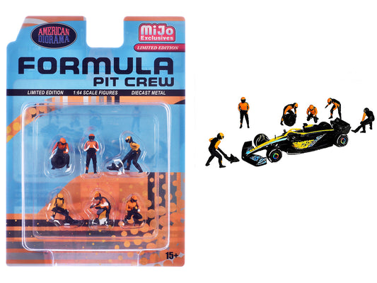 "Formula Pit Crew – Team Orange" 6 piece T&y Diecast Figure Set (6 Figures) Limited Edition for 1/64 Scale Models by American Diorama