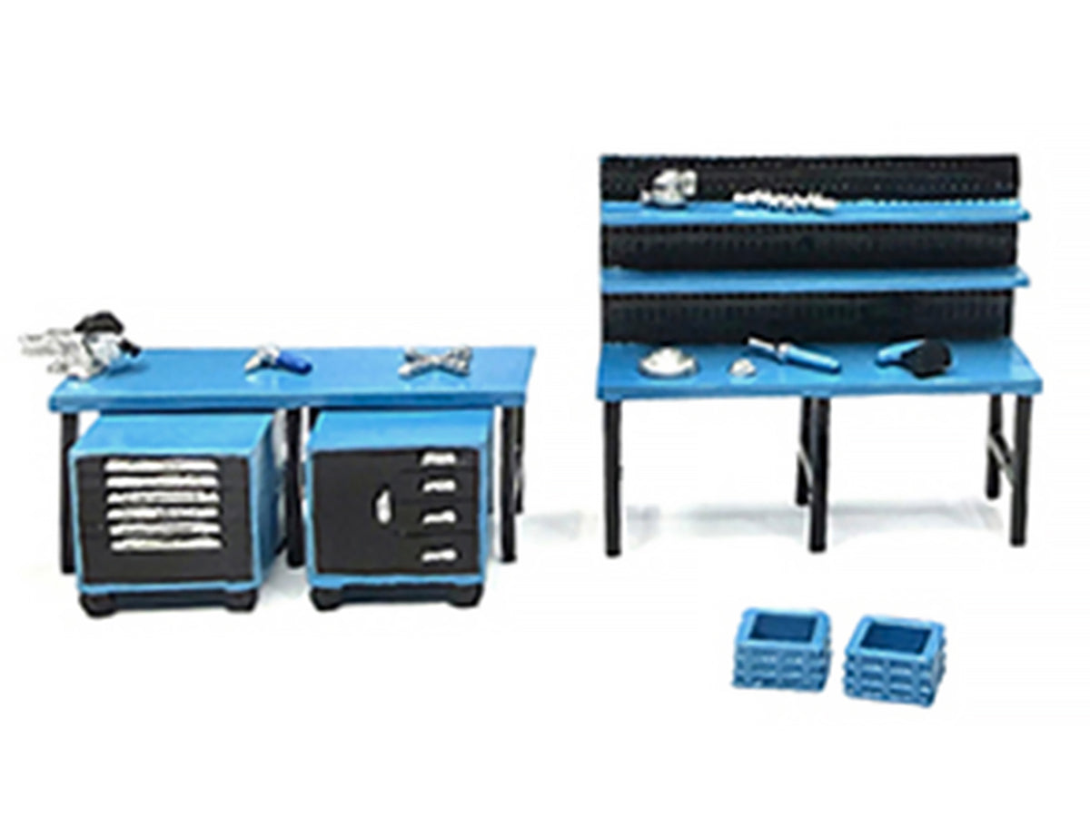 "Metal Tools" Set A Blue of 14 Pieces for 1/64 Scale Models - American Diorama