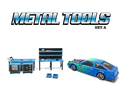 "Metal Tools" Set A Blue of 14 Pieces for 1/64 Scale Models - American Diorama