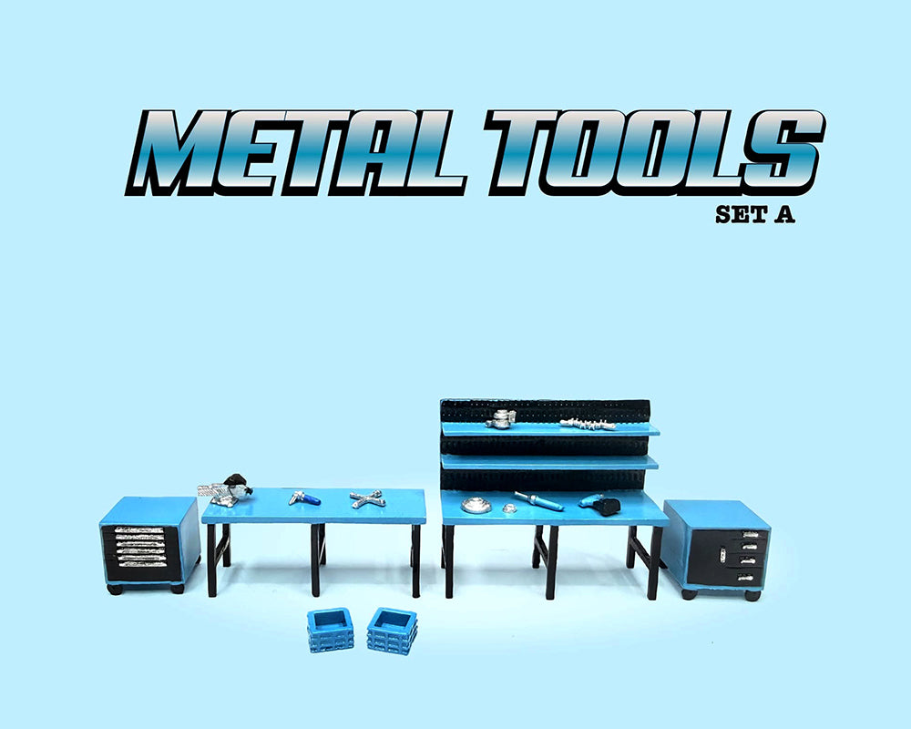 "Metal Tools" Set A Blue of 14 Pieces for 1/64 Scale Models - American Diorama