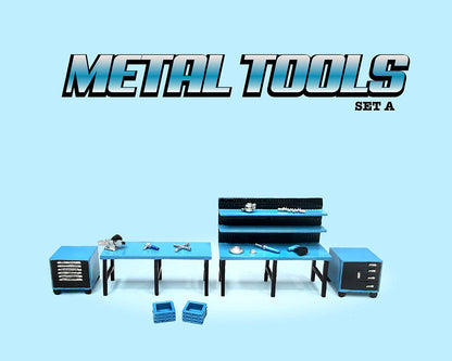"Metal Tools" Set A Blue of 14 Pieces for 1/64 Scale Models - American Diorama