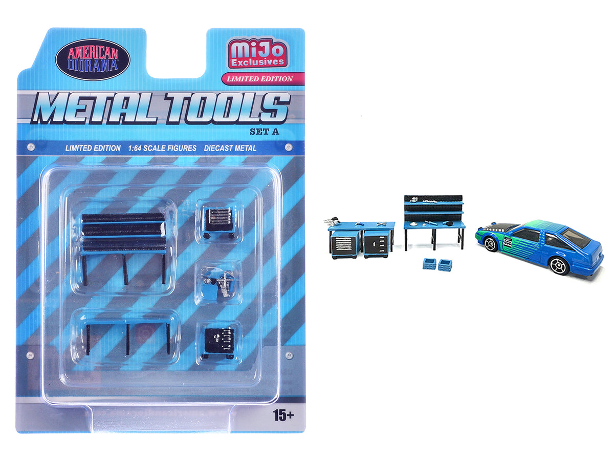 "Metal Tools" Set A Blue of 14 Pieces for 1/64 Scale Models - American Diorama