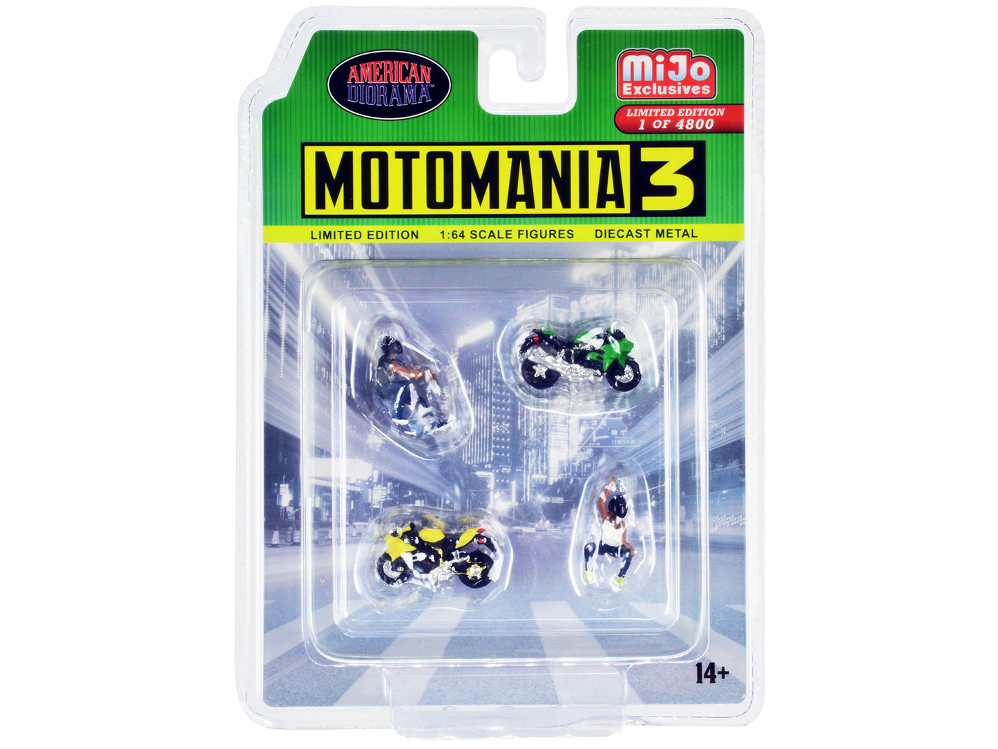"Motomania 3" 4 piece Diecast Set (2 Figures and 2 Motorcycles) Limited Edition to 4800 pieces Worldwide for 1/64 Scale Models by American Diorama <h2>"Motomania Diorama</h2> <p>High-quality model car