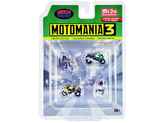 "Motomania 3" 4 piece Diecast Set (2 Figures and 2 Motorcycles) Limited Edition to 4800 pieces Worldwide for 1/64 Scale Models by American Diorama <h2>"Motomania Diorama</h2> <p>High-quality model car