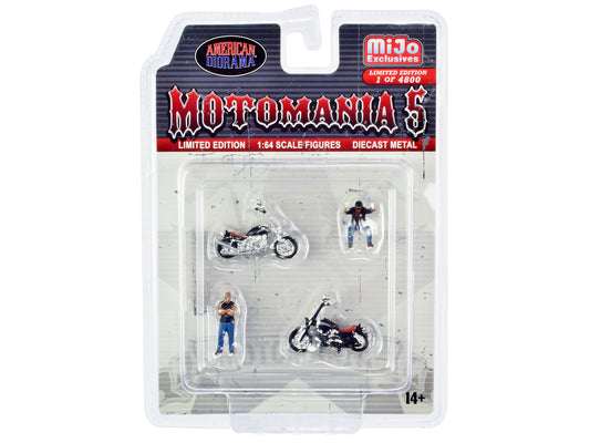 "Motomania 5" 4 piece Diecast Set (2 Figures and 2 Motorcycles) Limited Edition to 4800 pieces Worldwide for 1/64 Scale Models by American Diorama <h2>"Motomania Diorama</h2> <p>High-quality model car