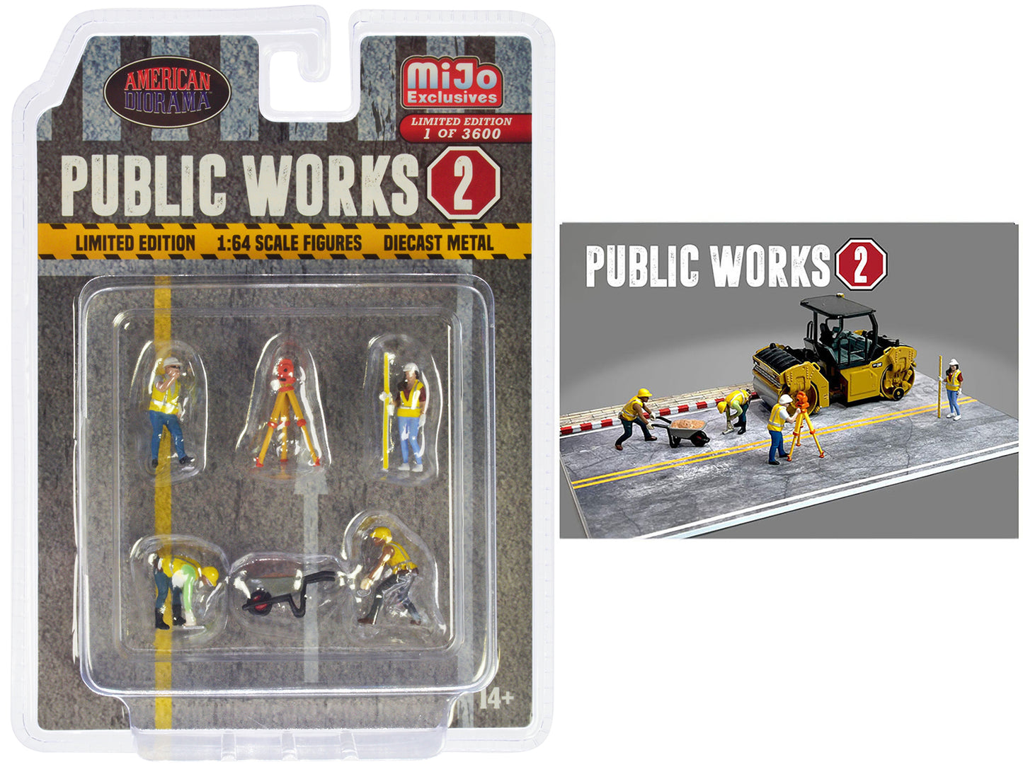 "Public Works 2" 6 piece Diecast Figure Set (4 Figures 1 camera wheelbarrow) Limited Edition to 3600 pieces Worldwide for 1/64 scale models by American Diorama <h2>"Public Diorama</h2> <p>High-quality