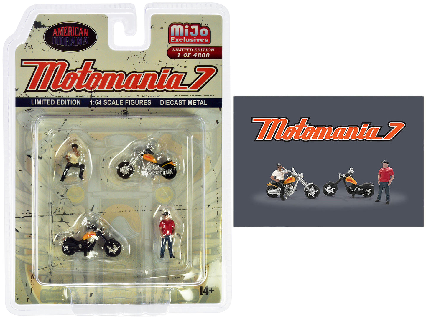"Motomania 7" 4 piece Diecast Figure Set (2 Figures 2 Motorcycles) Limited Edition to 4800 pieces Worldwide for 1/64 scale models by American Diorama <h2>"Motomania Diorama</h2> <p>High-quality model