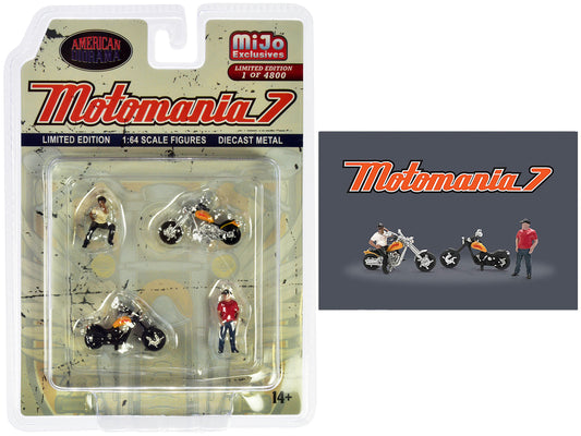 "Motomania 7" 4 piece Diecast Figure Set (2 Figures 2 Motorcycles) Limited Edition to 4800 pieces Worldwide for 1/64 scale models by American Diorama <h2>"Motomania Diorama</h2> <p>High-quality model