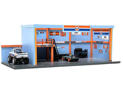 "Garage Diorama Gulf Oil" with Decals for 1/64 Scale Models by American <h2>"Garage Diorama</h2> <p>High-quality diecast model car perfect collectors and enthusiasts. Features detailed interior exteri