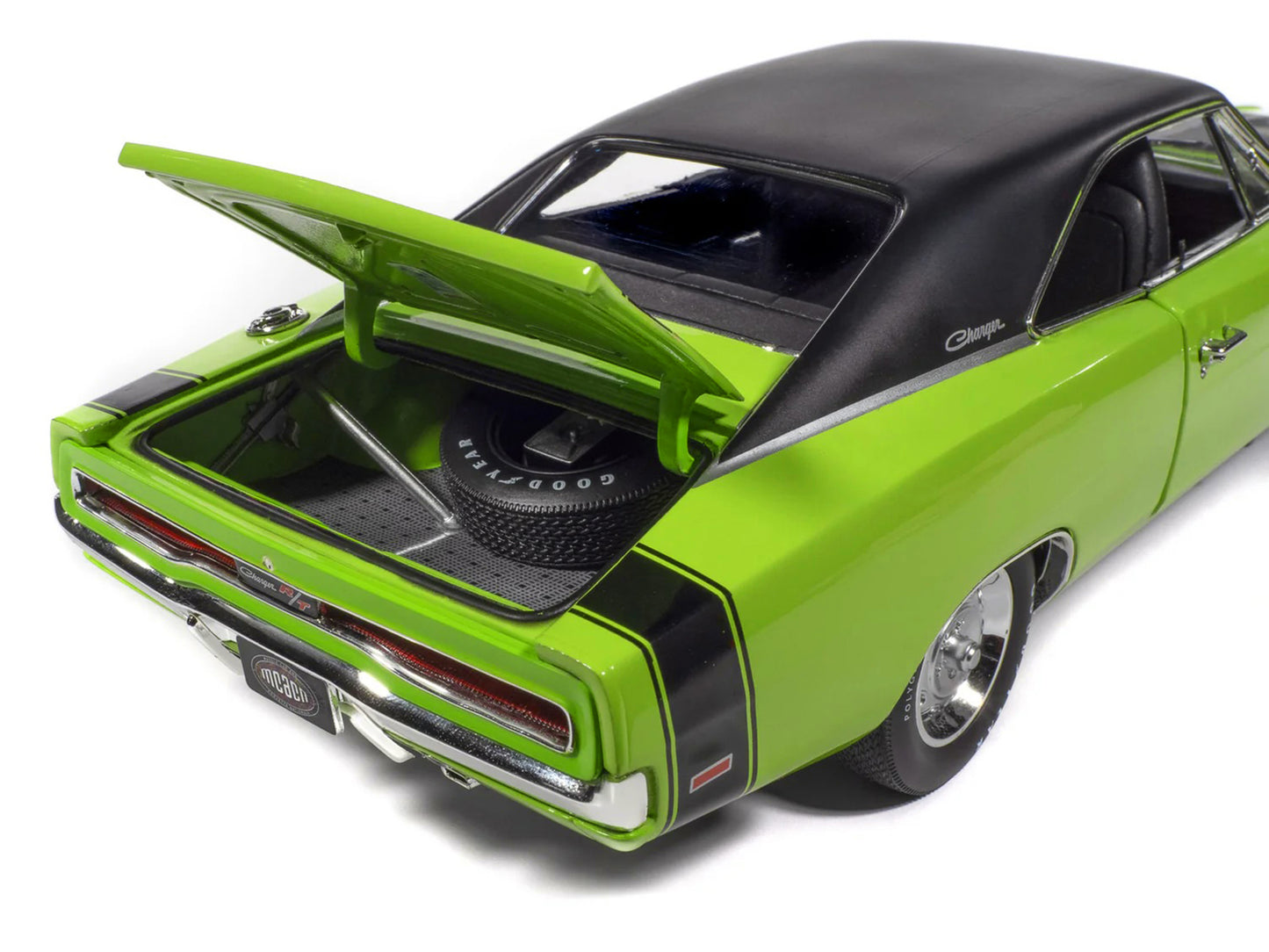 1970 Dodge Charger R/T "Muscle Car & Corvette Nationals" (MCACN) Sublime Green with Black Stripes and Black Vinyl Top "American Muscle" Series 1/18 T&y Diecast Model Car by Auto World