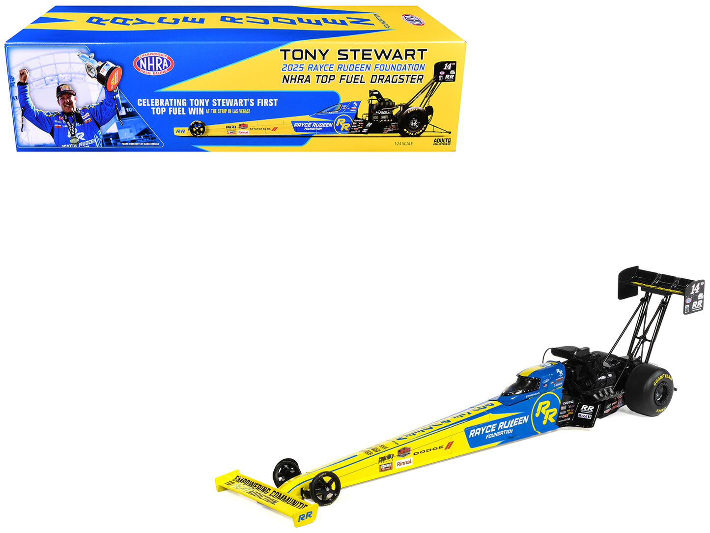 NHRA TFD (Top Fuel Dragster) #14TF Tony Stewart "Rayce Rudeen Foundation" Blue and Yellow (2025) 1/24 T&y Diecast Model by Auto World
