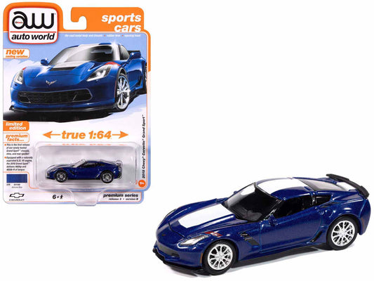 2018 Chevrolet Corvette Grand Sport Admiral Blue with White Stripe "Sports Cars" Series 1/64 T&y Diecast Model Car by Auto World