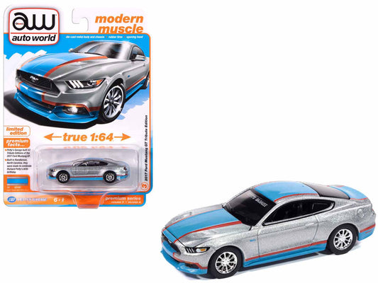 2017 Ford Mustang GT Tribute Edition "Petty's Garage" Ingot Silver Metallic with Petty Blue and Red Stripes "Modern Muscle" Series 1/64 T&y Diecast Model Car by Auto World