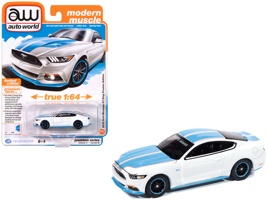 2016 Ford Mustang GT King Premier Edition "Petty's Garage" Oxford White with Petty Blue Stripes "Modern Muscle" Series 1/64 T&y Diecast Model Car by Auto World