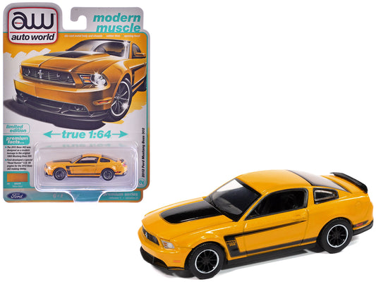 2012 Ford Mustang Boss 302 Yellow Blaze with Black Accents "Modern Muscle" Series 1/64 T&y Diecast Model Car by Auto World