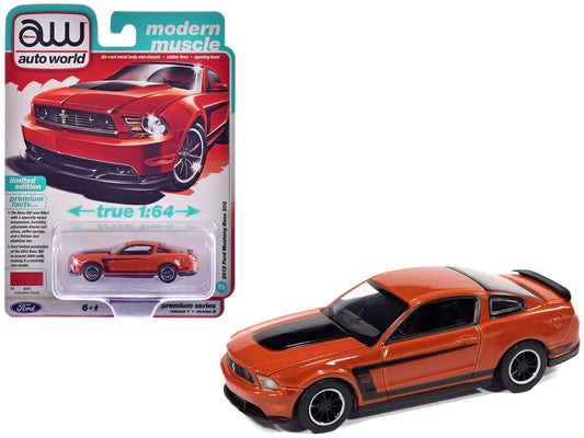 2012 Ford Mustang Boss 302 Competition Orange with Black Accents "Modern Muscle" Series 1/64 T&y Diecast Model Car by Auto World