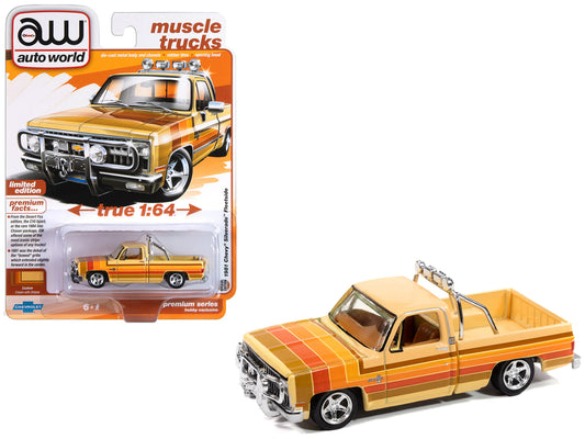 1981 Chevrolet Silverado Fleetside Pickup Truck Cream with Stripes "Hobby Exclusive" Series 1/64 T&y Diecast Model Car by Auto World