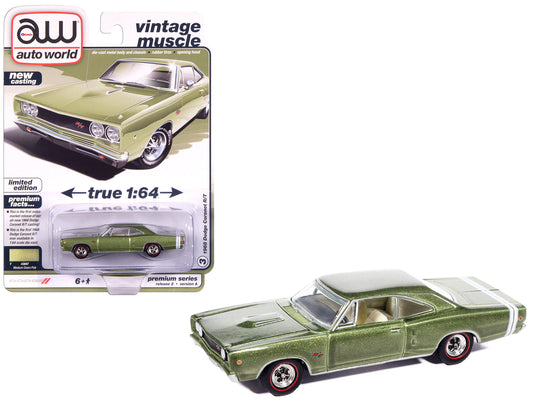 1968 Dodge Coronet R/T Medium Green Metallic with White Interior "Vintage Muscle" Series 1/64 T&y Diecast Model Car by Auto World
