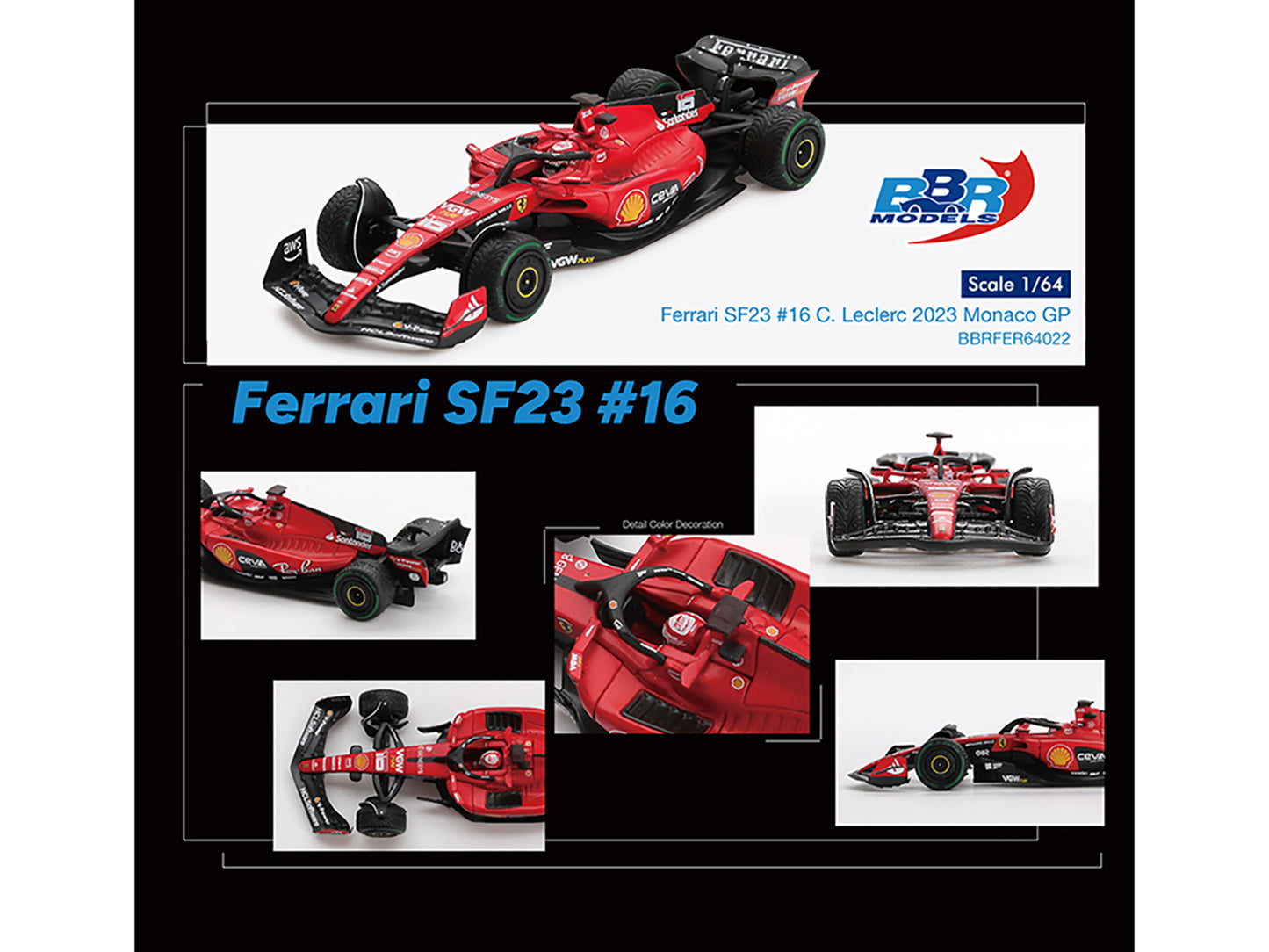 Ferrari SF-23 #16 Charles Leclerc Formula One F1 "Monaco GP" (2023) 1/64 T&y Diecast Model Car by BBR Models