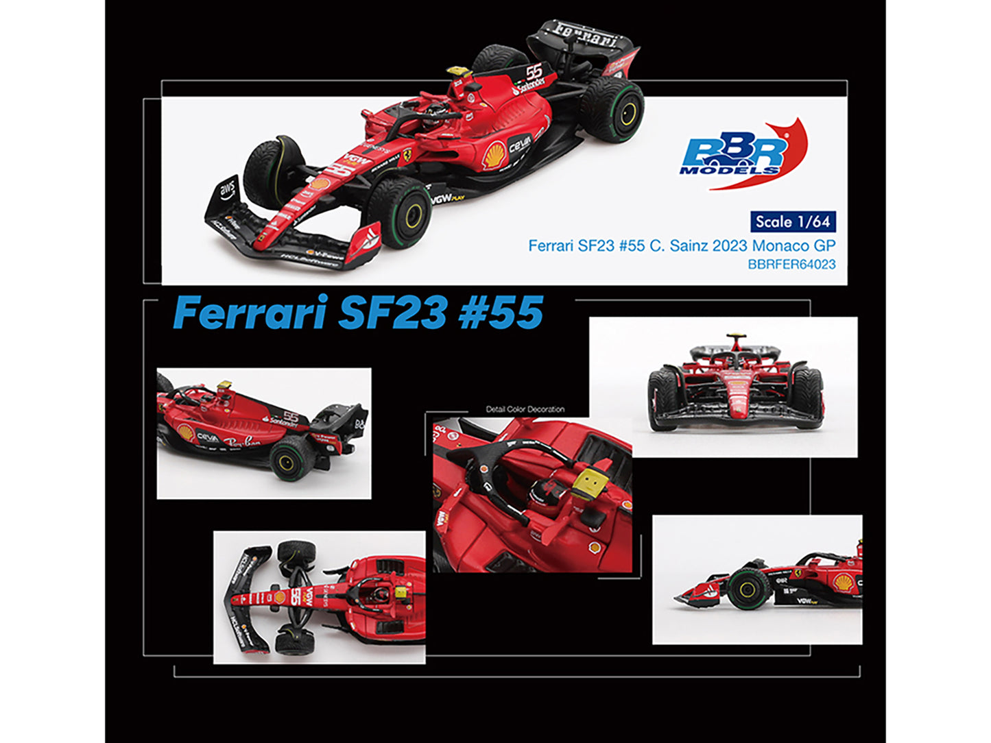 Ferrari SF-23 #55 Carlos Sainz Formula One F1 "Monaco GP" (2023) 1/64 T&y Diecast Model Car by BBR Models