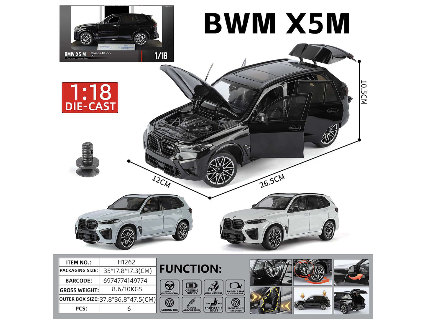 BMW X5 M Competition LCI Black Metallic with Moonroof 1/18 T&y Diecast Model Car by Heimanba