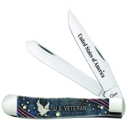 Case Knives U.S. Veteran Gift Set Embellished Smooth Natural Bone with Blue/Red Color Wash Trapper