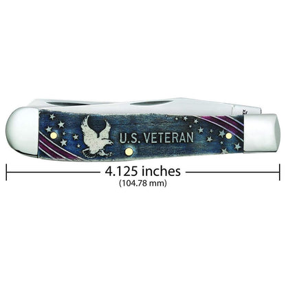 Case Knives U.S. Veteran Gift Set Embellished Smooth Natural Bone with Blue/Red Color Wash Trapper