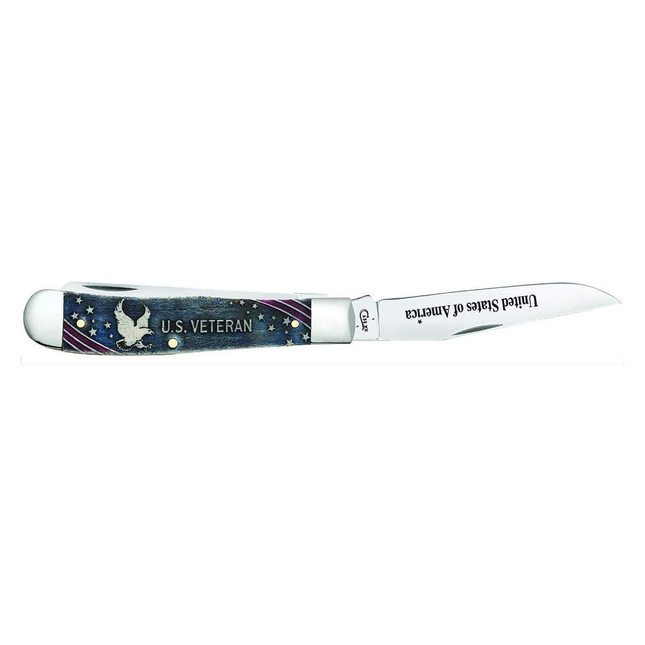 Case Knives U.S. Veteran Gift Set Embellished Smooth Natural Bone with Blue/Red Color Wash Trapper